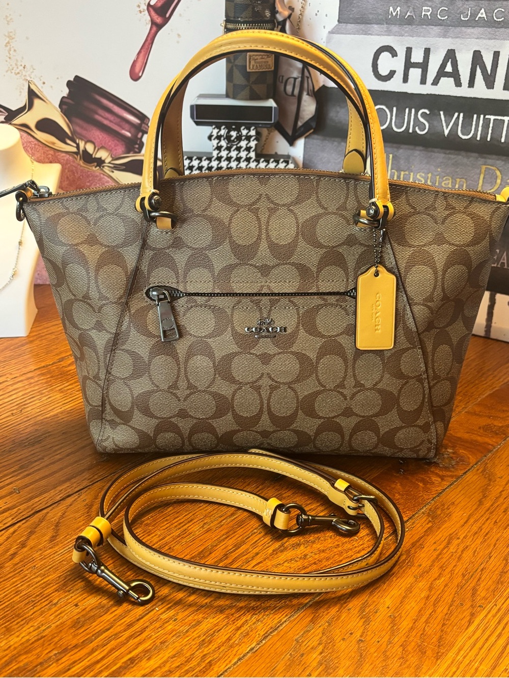 Coach Signature Prairie Satchel Brown Yellow Crossbody Bag 79998